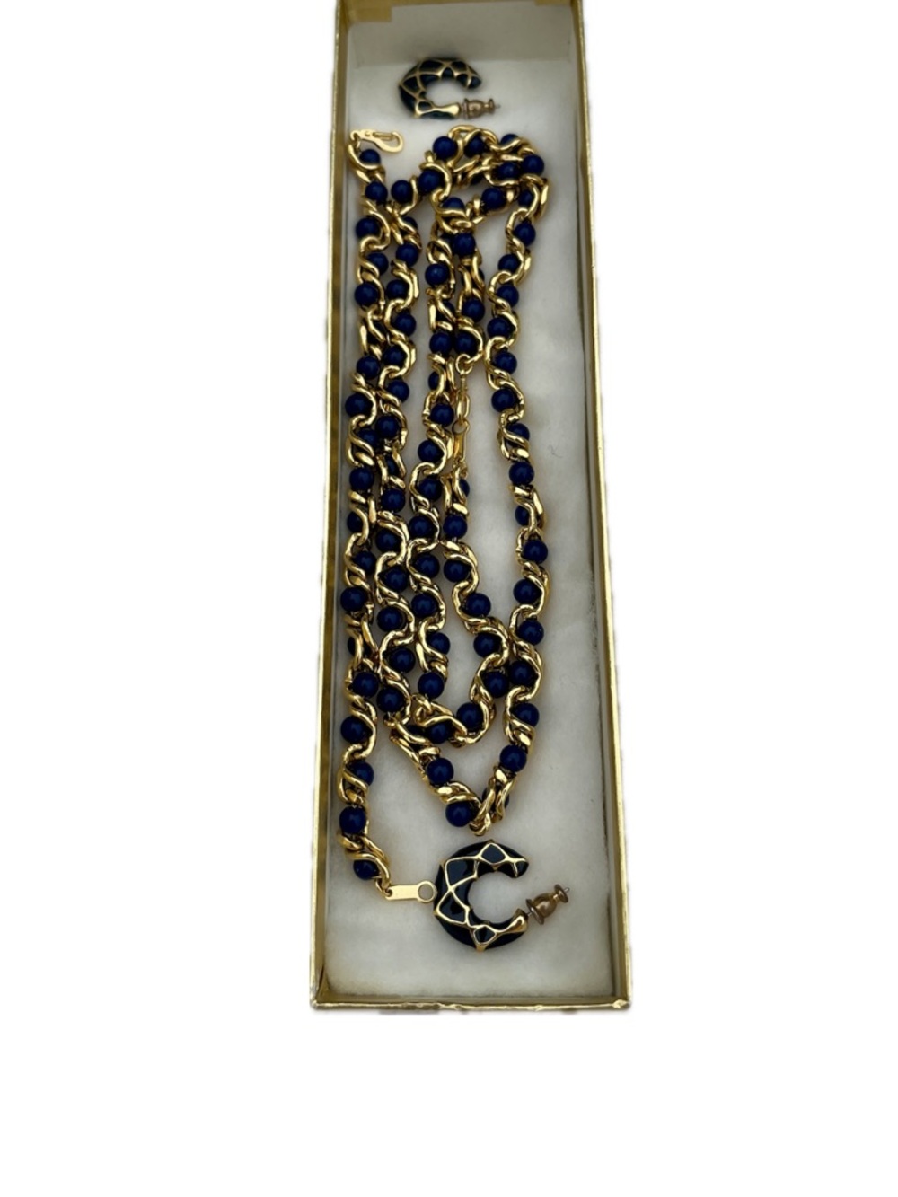 Vintage Blue Enamel Gold Tone Necklace Bracelet Earrings Costume Jewelry Set